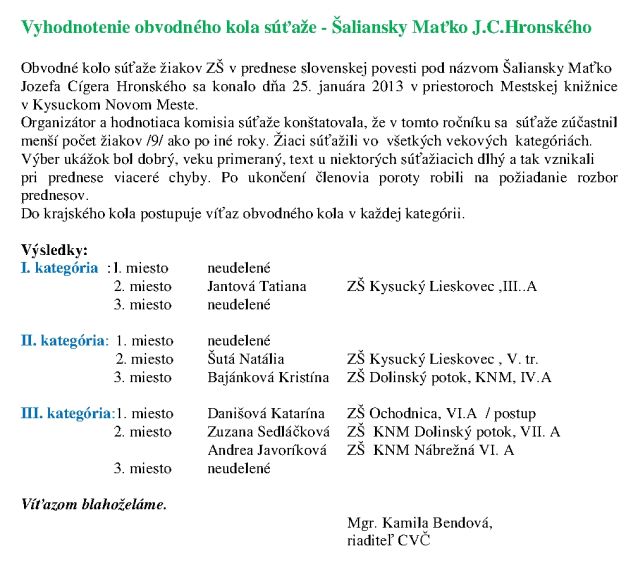 Vyhodnotenie obvodného kola súťaže - Šaliansky Maťko J.C.Hronského