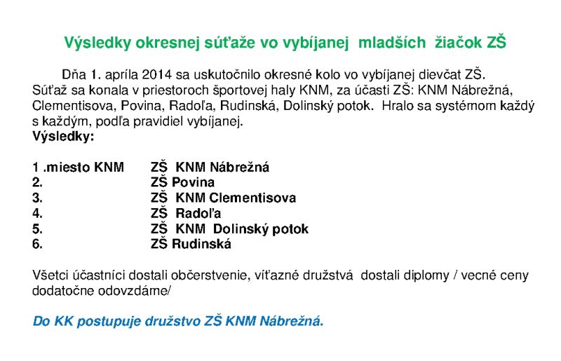 Výsledky okresnej súťaže vo vybíjanej  mladších  žiačok ZŠ