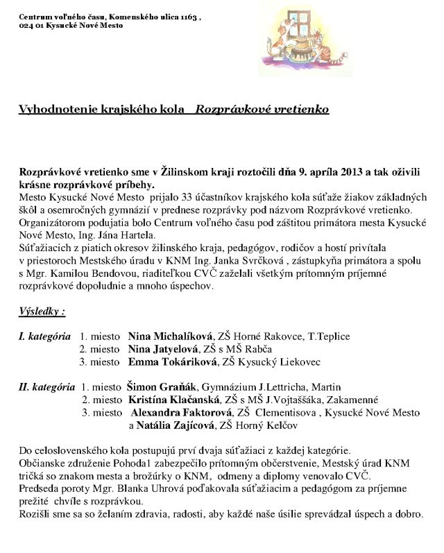 Vyhodnotenie krajského kola - Rozprávkové vretienko