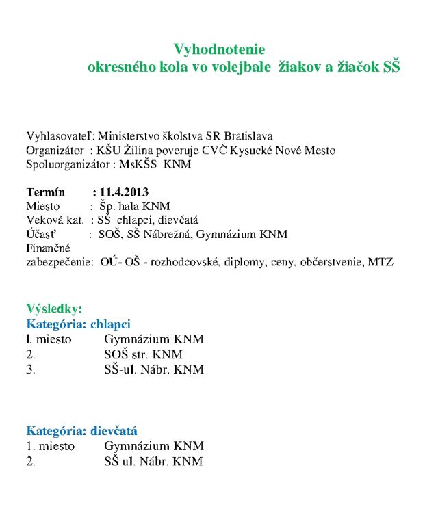 Vyhodnotenie okresného kola vo volejbale  žiakov a žiačok SŠ